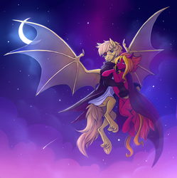 Size: 3554x3564 | Tagged: safe, artist:1an1, oc, bat pony, pony, bat pony oc, clothes, commission, crescent moon, female, high res, male, mare, moon, night, oc x oc, shipping, straight