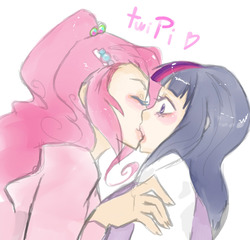 Size: 1068x1026 | Tagged: safe, artist:prodigymysoul, pinkie pie, twilight sparkle, human, g4, anime, blushing, duo, female, humanized, kiss on the lips, kissing, lesbian, ship:twinkie, shipping, simple background, surprise kiss, surprised, white background