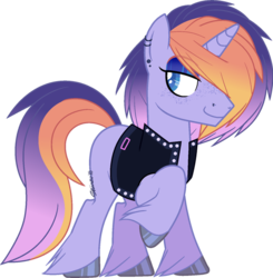 Size: 600x612 | Tagged: safe, artist:traveleraoi, oc, oc only, oc:glitz n glam, pony, unicorn, base used, clothes, colored pupils, ear piercing, earring, eyebrows, eyeshadow, freckles, gradient mane, hoof polish, hooves, jacket, jewelry, makeup, male, nose piercing, piercing, raised hoof, signature, simple background, smiling, smirk, solo, transparent background, unshorn fetlocks