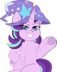 Size: 2572x3270 | Tagged: safe, artist:taaffeiite, derpibooru exclusive, starlight glimmer, pony, unicorn, g4, accessory swap, clothes, crossed legs, fluffy, hat, high res, hoof on hip, simple background, smiling, smug, smuglight glimmer, solo, transparent background, trixie's hat, underhoof