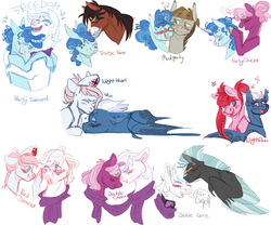 Size: 1000x831 | Tagged: safe, artist:eqq_scremble, derpibooru exclusive, cheerilee, double diamond, mudbriar, night glider, nurse redheart, pacific glow, party favor, thunderlane, trouble shoes, bat pony, earth pony, pegasus, pony, unicorn, g4, alternate design, bisexual, blushing, clothes, crack shipping, crying, doublecheer, doublelane, female, forehead kiss, gay, hair braiding, hair bun, hat, headcanon, hornless unicorn, kissing, laughing, lesbian, male, mare, mudparty, nurse hat, nuzzling, party shoes, partycheer, pigtails, pinkie clone, race swap, reddiamond, scar, scarf, shared clothing, shared scarf, ship:nightheart, ship:partydiamond, shipping, simple background, sketch, sketch dump, stallion, straight, tears of joy, tongue out, trans female, transgender, troublefavor
