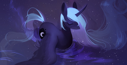 Size: 1976x1012 | Tagged: safe, artist:dreamsugar, princess luna, alicorn, pony, g4, beautiful, ethereal mane, eyes closed, female, flowing mane, galaxy mane, horn, mare, missing accessory, reflection, signature, solo, swimming, water, wings