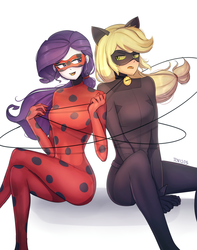 Size: 1500x1900 | Tagged: safe, artist:tcn1205, applejack, rarity, human, equestria girls, g4, applecat, bell, bodysuit, cat bell, cat ears, clothes, cute, female, humanized, jackabetes, ladynoir, lesbian, mask, miraculous ladybug, pony coloring, raribetes, ship:rarijack, shipping, simple background, sitting, white background