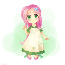 Size: 2000x2000 | Tagged: safe, artist:jeremywithlove, fluttershy, butterfly, equestria girls, g4, blushing, clothes, cute, dress, female, high res, looking at you, open mouth, shoes, shyabetes, younger