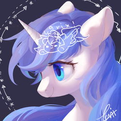 Size: 2000x2000 | Tagged: safe, artist:haidiannotes, oc, oc only, pony, unicorn, abstract background, bust, digital art, female, floppy ears, high res, horn, mare, portrait, signature, smiling, solo