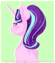 Size: 868x993 | Tagged: safe, artist:sleepydemonmonster, starlight glimmer, pony, unicorn, g4, blushing, bust, female, looking at you, looking back, portrait, smiling, solo