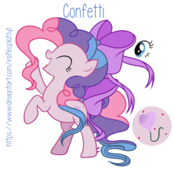 Size: 1280x1243 | Tagged: safe, artist:raflesplattyt, oc, oc only, oc:confetti, earth pony, pony, bow, female, hair bow, mare, offspring, parent:party favor, parent:pinkie pie, parents:partypie, simple background, solo, tail bow, transparent background