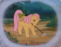 Size: 437x338 | Tagged: safe, screencap, posey, pony, g1, my little pony 'n friends, the glass princess, animated, bow, cute, female, garden, gif, mouth hold, rake, solo, tail bow