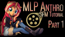 Size: 3840x2160 | Tagged: safe, artist:imafutureguitarhero, sunset shimmer, unicorn, anthro, plantigrade anthro, equestria girls, g4, 3d, black background, female, high res, long hair, looking at you, mare, multicolored hair, multicolored tail, simple background, solo, source filmmaker, text, thumbnail, tutorial, video at source, youtube link, youtube thumbnail