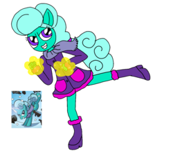 Size: 1218x1080 | Tagged: safe, artist:徐詩珮, idw, glitter drops, pony, equestria girls, g4, my little pony: nightmare knights, nightmare knights #2, spoiler:comic, boots, clothes, equestria girls interpretation, equestria girls-ified, glowing hands, kicking, magic, ponied up, scarf, scene interpretation, shoes, simple background, transparent background