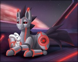 Size: 2560x2049 | Tagged: safe, artist:sidnithefox, oc, oc only, oc:rubiont, pony, rabbit, robot, robot pony, high res, space, spaceship