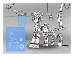 Size: 1300x1000 | Tagged: safe, artist:change, oc, oc only, oc:rubiont, pony, robot, robot pony, aperture science, modernization, portal (valve)