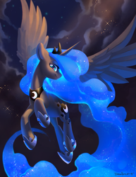 Size: 3603x4663 | Tagged: safe, artist:dawnfire, princess luna, alicorn, pony, g4, absurd resolution, beautiful, female, flying, hoof shoes, jewelry, lighting, looking at you, mare, night, night sky, regalia, shading, sky, smiling, solo