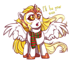Size: 1387x1147 | Tagged: safe, artist:lazycloud, daybreaker, alicorn, pony, g4, blushing, clothes, cute, daybweaker, diabreaker, female, filly, palindrome get, scarf, simple background, solo, spread wings, transparent background, wings