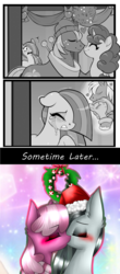 Size: 622x1417 | Tagged: safe, artist:alithecat1989, artist:moonseeker, editor:secrettitan, big macintosh, cheerilee, marble pie, sugar belle, earth pony, pony, unicorn, best gift ever, g4, anime background, blushing, bust, christmas, christmas wreath, clothes, comic, crack shipping, crying, eyes closed, female, good end, grayscale, hat, heartbroken marble, holiday, holly, kissing, lesbian, male, marbilee, mare, mistletoe, monochrome, santa hat, scarf, ship:sugarmac, shipping, shipping denied, side chick, simple background, sometime later..., stallion, straight, winter outfit, wreath