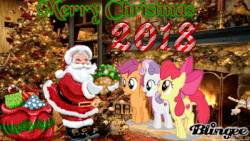 Size: 400x225 | Tagged: safe, artist:twilight91, apple bloom, scootaloo, sweetie belle, g4, blingee, christmas, christmas 2018, christmas tree, cutie mark crusaders, fireplace, gif, holiday, meme, merry christmas, non-animated gif, present, santa claus, tree