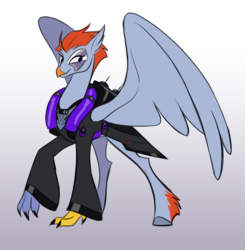 Size: 700x713 | Tagged: safe, artist:calicopikachu, classical hippogriff, hippogriff, aside glance, classical hippogriffied, clothes, colored fetlocks, female, gradient background, hippogriffied, moira, moira o'deorain, overwatch, smiling, smirk, solo, species swap, spread wings, wings