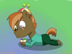 Size: 2048x1536 | Tagged: safe, artist:colorcodetheartist, button mash, earth pony, pony, g4, beanie, butters stotch, clothes, colt, crossover, eye scar, gay, gradient background, hat, i ship it, kyle broflovski, male, non-mlp shipping, scar, shipping, smiling, south park, stan marsh, style (south park), sweater