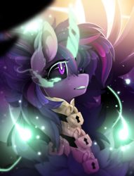 Size: 2023x2644 | Tagged: safe, artist:taiga-blackfield, sci-twi, twilight sparkle, pony, equestria girls, g4, choker, curved horn, equestria girls ponified, female, high res, horn, looking up, midnight sparkle, ponified, solo, sombra eyes