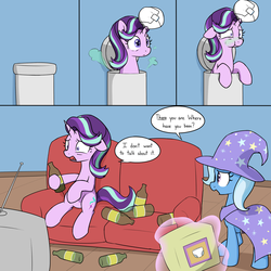 Size: 3000x3000 | Tagged: safe, alternate version, artist:skitter, starlight glimmer, trixie, pony, unicorn, g4, abdl, alcohol, alternate ending, cape, clothes, comic, couch, cutie mark, diaper, diaper fetish, diaper package, diaper pail, female, fetish, green face, hat, high res, horn, horn impalement, indoors, magic, non-baby in diaper, ptsd glimmer, reversal, sick, talking, telekinesis, television, transformation, traumatized, trixie's cape, trixie's hat