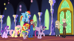 Size: 2311x1281 | Tagged: safe, artist:limedreaming, artist:selenaede, artist:user15432, fluttershy, rainbow dash, spike, starlight glimmer, sunset shimmer, twilight sparkle, alicorn, butterfly, dragon, human, pegasus, pony, unicorn, equestria girls, g4, (mario) the music box, alice aduraice, barely eqg related, barely pony related, base used, bracelet, butterfly wings, clothes, crossover, equestria girls style, equestria girls-ified, glasses, hasbro, hasbro studios, jewelry, male, maridash, mario, marioshy, necktie, nintendo, riba aduraice, shoes, super mario bros., twilight sparkle (alicorn), twilight's castle, winged spike, wings