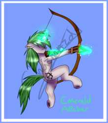 Size: 793x902 | Tagged: safe, artist:chazmazda, oc, oc only, pony, unicorn, arrow, bow (weapon), bow and arrow, colored, concave belly, flat colors, full body, magic, outline, request, shade, shading, simple background, solo, weapon