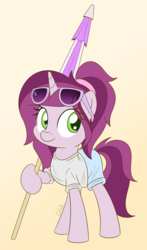 Size: 2000x3399 | Tagged: safe, artist:esfelt, oc, oc only, oc:lilac prose, pony, unicorn, clothes, female, gradient background, high res, mare, shirt, shorts, smiling, solo, summer, sunglasses, umbrella