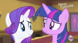 Size: 1233x689 | Tagged: safe, screencap, rarity, twilight sparkle, alicorn, pony, g4, my little pony: friendship is magic, rarity takes manehattan, hub logo, looking at each other, new episode, smiling, twilight sparkle (alicorn)