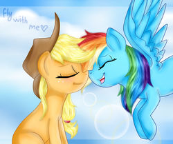 Size: 1024x856 | Tagged: safe, artist:lelka-philka, applejack, rainbow dash, earth pony, pegasus, pony, g4, boop, female, flying, heart, lesbian, mare, noseboop, ship:appledash, shipping, sitting, text