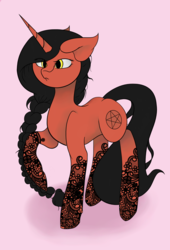 Size: 1500x2200 | Tagged: safe, artist:gearos, oc, oc only, oc:arcane shadow, pony, unicorn, female, mare, raised hoof, red and black oc, solo, tattoo, witch