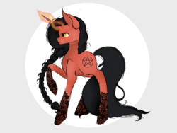 Size: 2000x1500 | Tagged: safe, artist:gearos, oc, oc only, oc:arcane shadow, pony, unicorn, female, glowing horn, horn, mare, raised hoof, red and black oc, solo, tattoo, witch