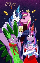 Size: 1467x2339 | Tagged: safe, artist:traupa, princess cadance, princess flurry heart, shining armor, spike, twilight sparkle, alicorn, anthro, g4, armpits, clothes, female, glass, happy new year, happy new year 2019, holiday, male, older, older spike, ship:shiningcadance, shipping, smiling, straight, twilight sparkle (alicorn), wine glass