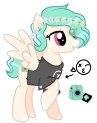 Size: 963x1221 | Tagged: safe, artist:invadermas, oc, oc only, oc:snap happy, pegasus, pony, clothes, female, floral head wreath, flower, mare, one eye closed, raised hoof, shirt, simple background, solo, t-shirt, white background, wink