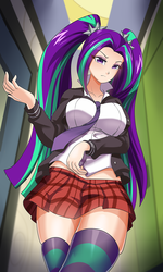 Size: 722x1200 | Tagged: safe, artist:thebrokencog, aria blaze, human, g4, big breasts, breasts, busty aria blaze, canterlot high, clothes, door, eyelashes, eyeshadow, female, frown, hair tie, hallway, humanized, indoors, jacket, lockers, looking at you, low angle, makeup, microskirt, miniskirt, necktie, pigtails, plaid skirt, pleated skirt, schoolgirl, sexy, shirt, skirt, socks, solo, striped socks, thigh highs, thigh socks, thighs, tight clothing, twintails, zettai ryouiki