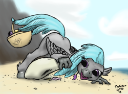 Size: 1900x1400 | Tagged: safe, artist:trefoiler, oc, oc only, oc:seabreeze, classical hippogriff, hippogriff, ass up, basket, beach, cloud, female, filly, hippogriff oc, rock, sand, seashell, simple background, sky, solo, teenager