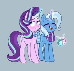 Size: 3446x3307 | Tagged: safe, artist:klngkumquat, starlight glimmer, trixie, pony, unicorn, g4, blushing, chocolate, clothes, cute, diatrixes, duo, female, food, glimmerbetes, high res, hot chocolate, laughing, lesbian, magic, mare, mug, scarf, ship:startrix, shipping, size difference, telekinesis