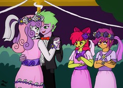 Size: 3500x2500 | Tagged: safe, artist:radiancebreaker, apple bloom, scootaloo, spike, sweetie belle, human, a canterlot wedding, equestria girls, g4, bridesmaid dress, clothes, cutie mark crusaders, dancing, dress, female, floral head wreath, flower, flower girl, flower girl dress, flower in hair, high res, human spike, humanized, male, ship:spikebelle, shipping, sidemouth, straight, suit