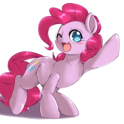 Size: 1536x1536 | Tagged: safe, artist:kurogewapony, pinkie pie, earth pony, pony, g4, blush sticker, blushing, colored pupils, cute, diapinkes, female, happy, kurogewapony is trying to murder us with diapinkes, looking at you, one eye closed, open mouth, raised hoof, simple background, solo, waving, white background, wink