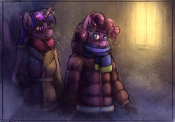 Size: 1920x1335 | Tagged: safe, artist:bantha, pinkie pie, twilight sparkle, alicorn, earth pony, anthro, g4, clothes, duo, female, holding hands, lesbian, mare, scarf, ship:twinkie, shipping, snow, twilight sparkle (alicorn), walking, winter coat