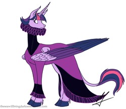 Size: 2707x2343 | Tagged: safe, artist:twilightdreamkeeper, twilight sparkle, alicorn, classical unicorn, pony, unicorn, g4, clothes, cloven hooves, collar, colored wings, cuffs (clothes), dress, elizabethan, female, high res, horn, leonine tail, ruff (clothing), ruffles, simple background, solo, twilight sparkle (alicorn), unshorn fetlocks, white background