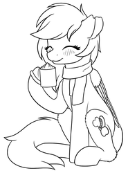 Size: 1108x1500 | Tagged: safe, artist:mynder, oc, oc only, oc:lunacy, pegasus, pony, black and white, blushing, chocolate, clothes, cup, ergonomics, fluffy, food, grayscale, hot chocolate, monochrome, scarf, sketch, solo