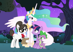 Size: 2898x2070 | Tagged: safe, artist:themexicanpunisher, princess celestia, raven, spike, twilight sparkle, alicorn, pony, g4, female, group photo, high res, interspecies, male, momlestia, ship:ravenspike, shipping, straight, twilight sparkle (alicorn)