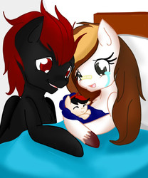 Size: 440x530 | Tagged: safe, artist:hikariviny, oc, oc:brave heart, oc:braveheart night, oc:shady night, oc:sweet lullaby, pegasus, pony, bed, birth, crying, female, foal, male, mare, newborn, offspring, parent:oc:shady night, parent:oc:sweet lullaby, parents:oc x oc, stallion, tears of joy