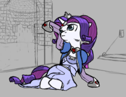 Size: 1550x1200 | Tagged: safe, artist:trefoiler, rarity, pony, unicorn, dungeons and discords, g4, clothes, dramatic pose, dress, dungeons and dragons, female, gray background, horn, horn ring, jewelry, mare, ogres and oubliettes, shmarity, shoes, simple background, socks, solo, tiara, vest, wip