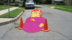 Size: 1024x576 | Tagged: safe, artist:jamesawilliams1996, artist:neongothic, artist:secretgoombaman12345, edit, sunset shimmer, series:sunset's great when she's fat, equestria girls, g4, bbw, belly, big belly, breasts, car, chubby cheeks, clothes, equestria girls in real life, fat, female, huge belly, irl, manhole, morbidly obese, obese, pajamas, photo, road, slobset shimmer, ssbbw, stuck, tight clothing, traffic cone, wat
