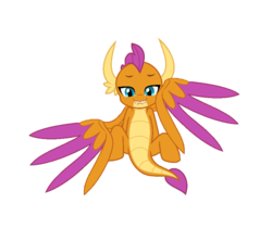 Size: 844x710 | Tagged: safe, edit, editor:proto29, smolder, dracony, dragon, feathered dragon, hybrid, g4, bedroom eyes, butt, colored wings, dragoness, featureless crotch, female, grin, lip bite, looking at you, multicolored wings, simple background, sitting, smiling, solo, transformation, white background