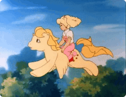 Size: 441x338 | Tagged: safe, screencap, lofty, molly williams, human, pegasus, pony, g1, my little pony 'n friends, animated, female, gif, humans riding ponies, mare, riding