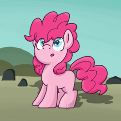 Size: 1000x1000 | Tagged: safe, artist:flitter-fly, pinkie pie, earth pony, pony, g4, the cutie mark chronicles, blank flank, cute, diapinkes, female, filly, filly pinkie pie, looking up, rainbow, rainbow eyes, reflection, rock farm, scene interpretation, solo, wingding eyes, younger