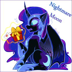 Size: 813x814 | Tagged: safe, artist:esmeia, nightmare moon, alicorn, pony, g4, blushing, christmas, curved horn, female, helmet, holiday, horn, implied princess celestia, jewelry, magic, mare, moonabetes, open mouth, present, regalia, simple background, solo, telekinesis, white background