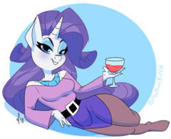 Size: 1186x962 | Tagged: safe, artist:feathers-ruffled, rarity, anthro, unguligrade anthro, g4, belt, blushing, clothes, cup, drink, female, looking at you, lying down, pantyhose, signature, skirt, smiling, solo